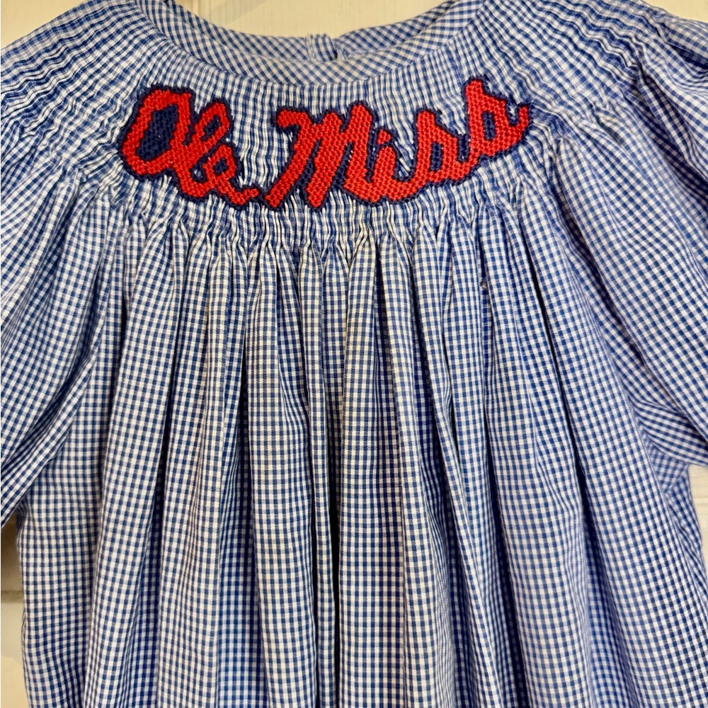 Girls Size 6 Ole Miss Rebels Smocked Navy Gingham Short Sleeve Bishop